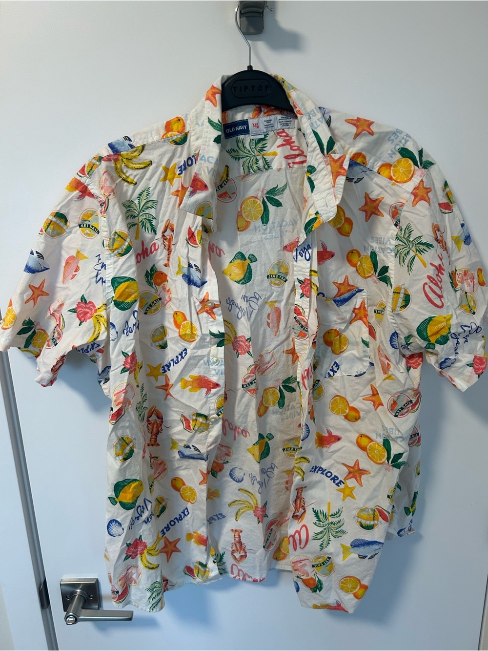 Old Navy White Tropical Fruit & Starfish Hawaiian Short-Sleeve Shirt